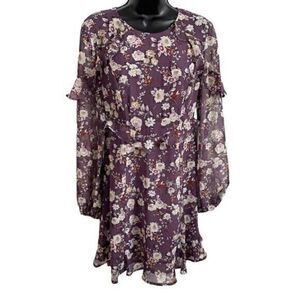 ASTR The Label Ruffle Floral Chiffon Long Sleeves Flounce Dress Purple Size Medi